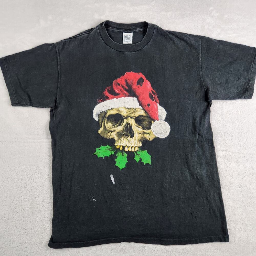Vintage Wild Oats Christmas Skull T-Shirt Mens XL (M/L) Black Distressed MIUSA